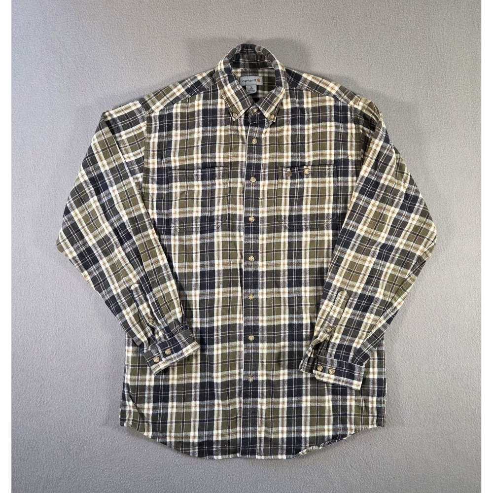 Carhartt Shirt Mens Large Tall Olive Plaid Midweight Cotton Flannel Button Up
